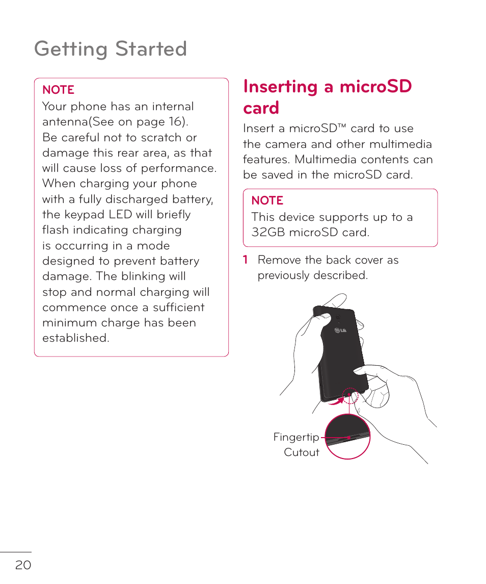 Inserting a microsd card, Getting started | LG LGP769BK User Manual | Page 22 / 167