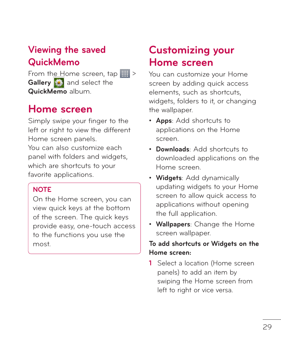 Home screen, Customizing your home screen, Home screen customizing your home screen | LG LGP769BK User Manual | Page 31 / 167