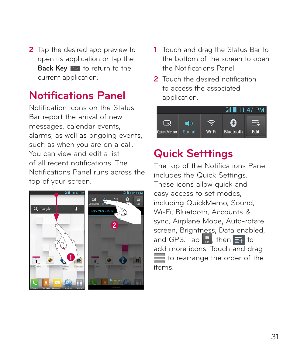 Notifications panel, Quick setttings | LG LGP769BK User Manual | Page 33 / 167