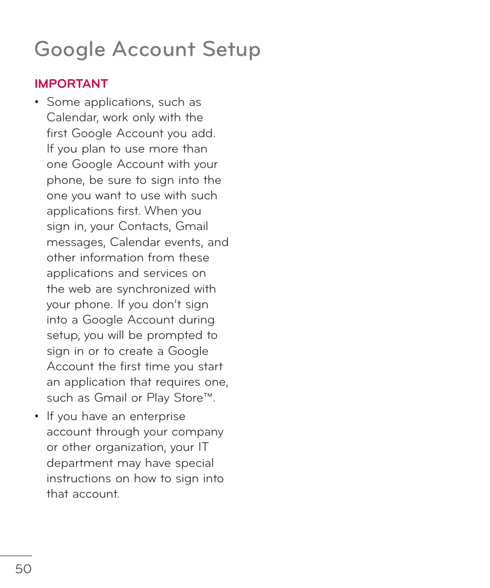 Google account setup | LG LGP769BK User Manual | Page 52 / 167