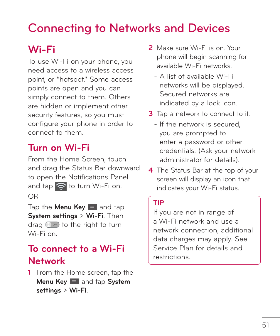 Connecting to networks and devices, Wi-fi, Connecting to networks and | Devices, Turn on wi-fi | LG LGP769BK User Manual | Page 53 / 167