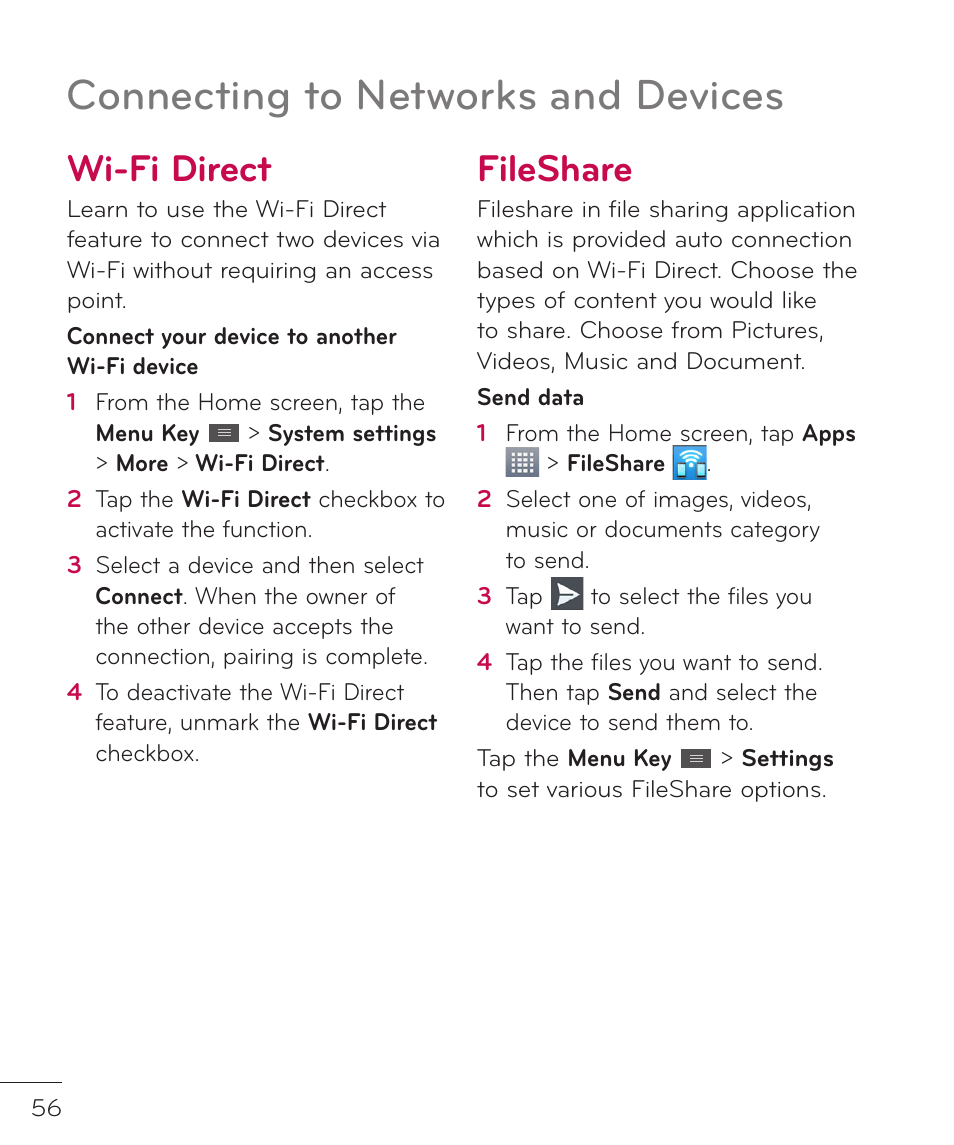 Wi-fi direct, Fileshare, Wi-fi direct fileshare | Connecting to networks and devices | LG LGP769BK User Manual | Page 58 / 167