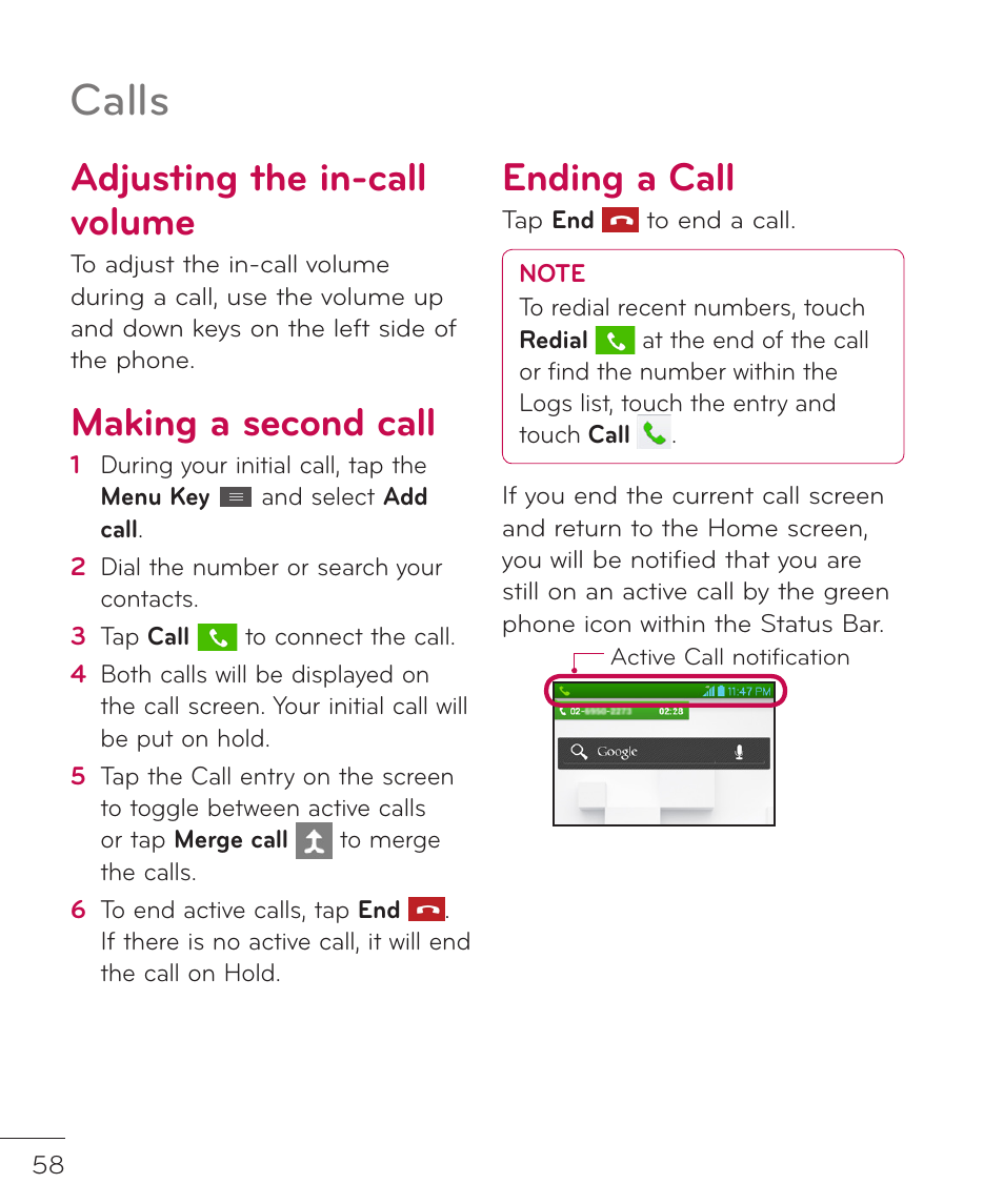 Adjusting the in-call volume, Making a second call, Ending a call | Calls | LG LGP769BK User Manual | Page 60 / 167