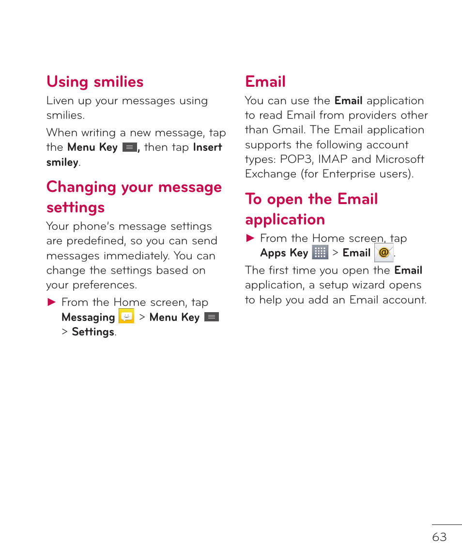 Using smilies, Changing your message settings, Email | LG LGP769BK User Manual | Page 65 / 167