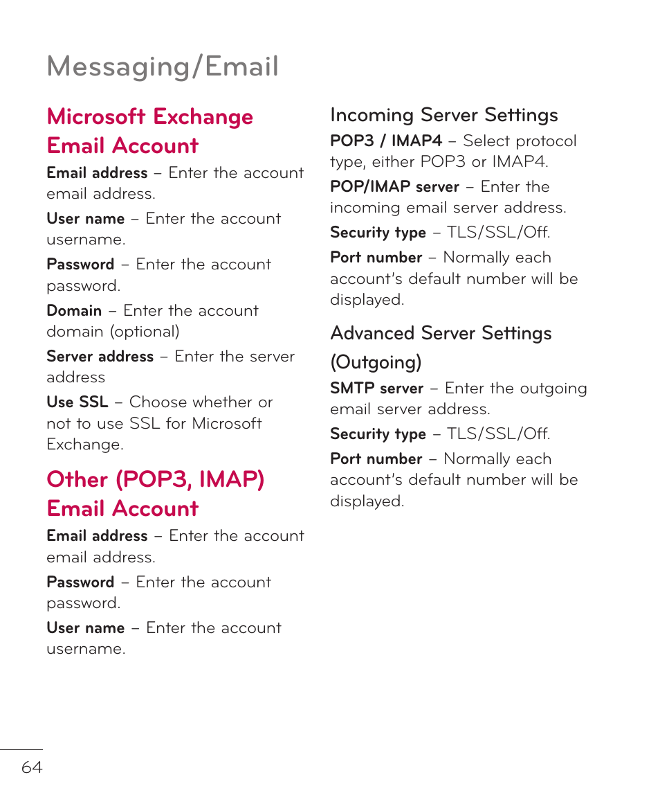 Messaging/email, Microsoft exchange email account, Other (pop3, imap) email account | LG LGP769BK User Manual | Page 66 / 167