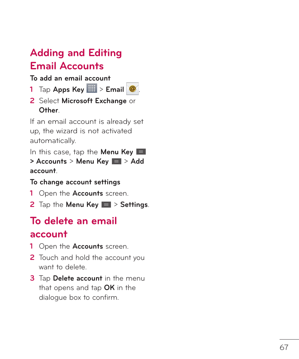 Adding and editing email accounts | LG LGP769BK User Manual | Page 69 / 167