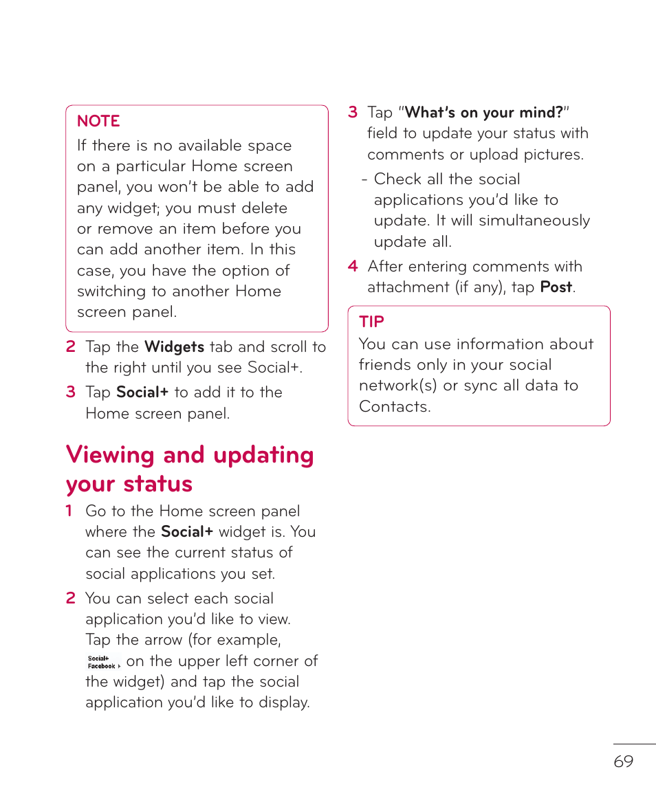 Viewing and updating your status, Viewing and updating your status 69 | LG LGP769BK User Manual | Page 71 / 167