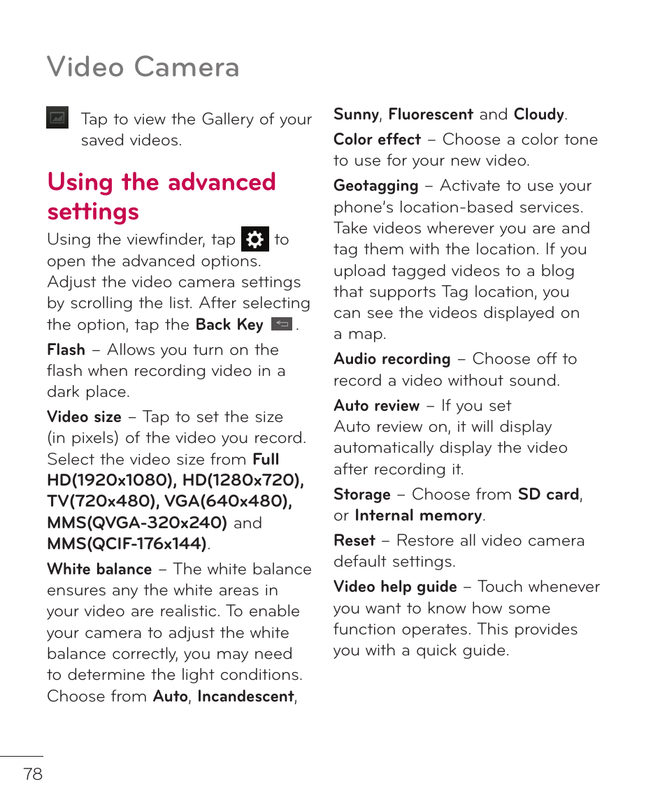 Using the advanced settings, Video camera | LG LGP769BK User Manual | Page 80 / 167