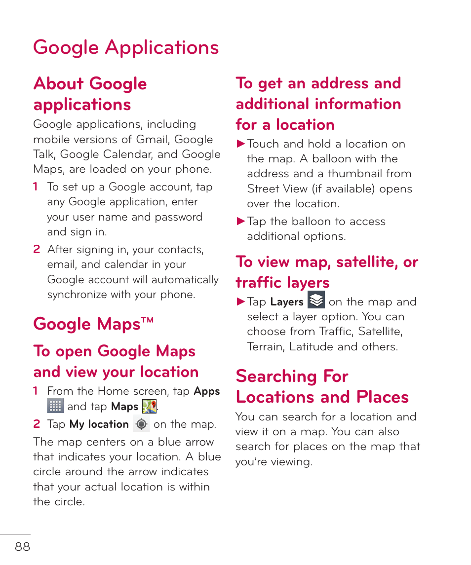 Google applications, About google applications, Google maps | Searching for locations and places, Google maps™ searching for locations and places | LG LGP769BK User Manual | Page 90 / 167