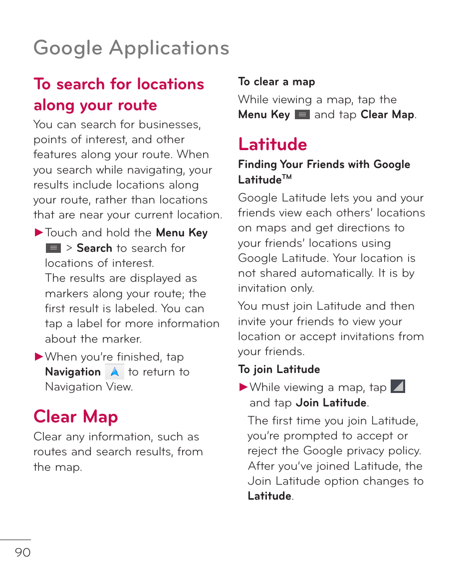 Clear map, Latitude, Clear map latitude | Google applications | LG LGP769BK User Manual | Page 92 / 167