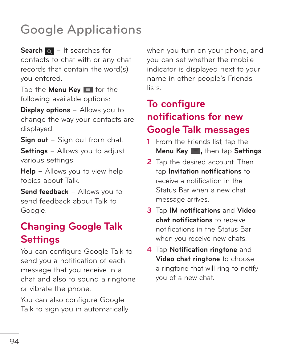 Google applications, Changing google talk settings | LG LGP769BK User Manual | Page 96 / 167