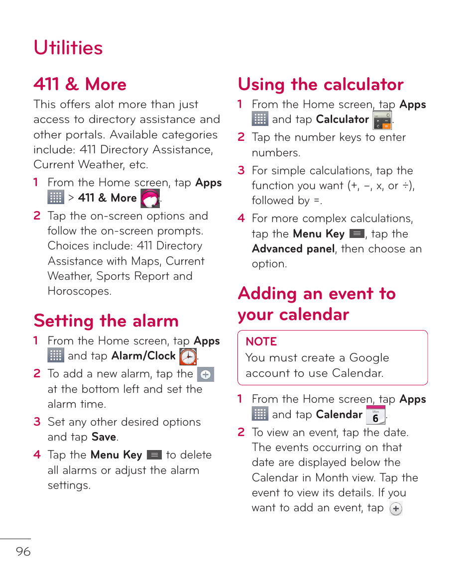 Utilities, 411 & more, Setting the alarm | Using the calculator, Adding an event to your calendar | LG LGP769BK User Manual | Page 98 / 167