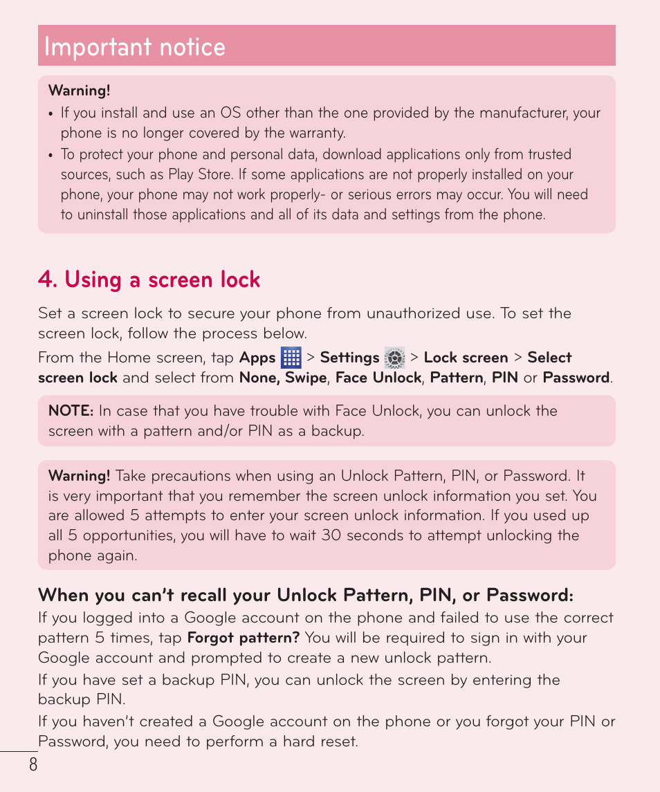 Important notice, Using a screen lock | LG D520 User Manual | Page 10 / 139