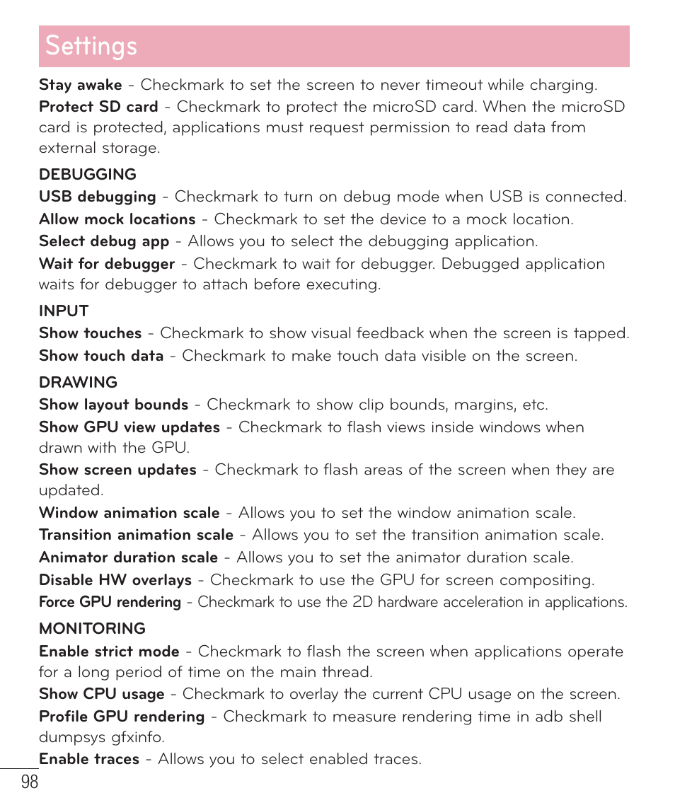 Settings | LG D520 User Manual | Page 100 / 139