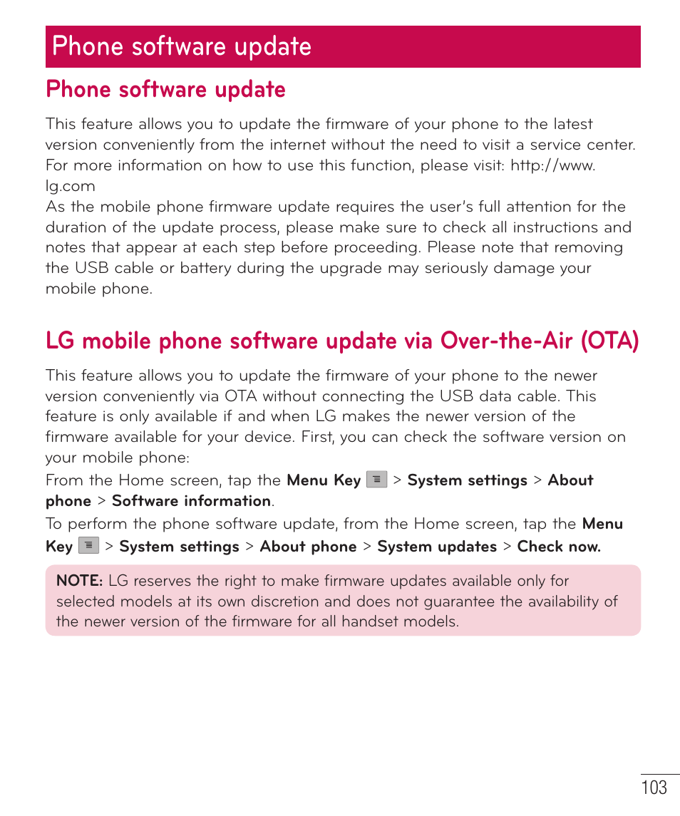 Phone software update | LG D520 User Manual | Page 105 / 139