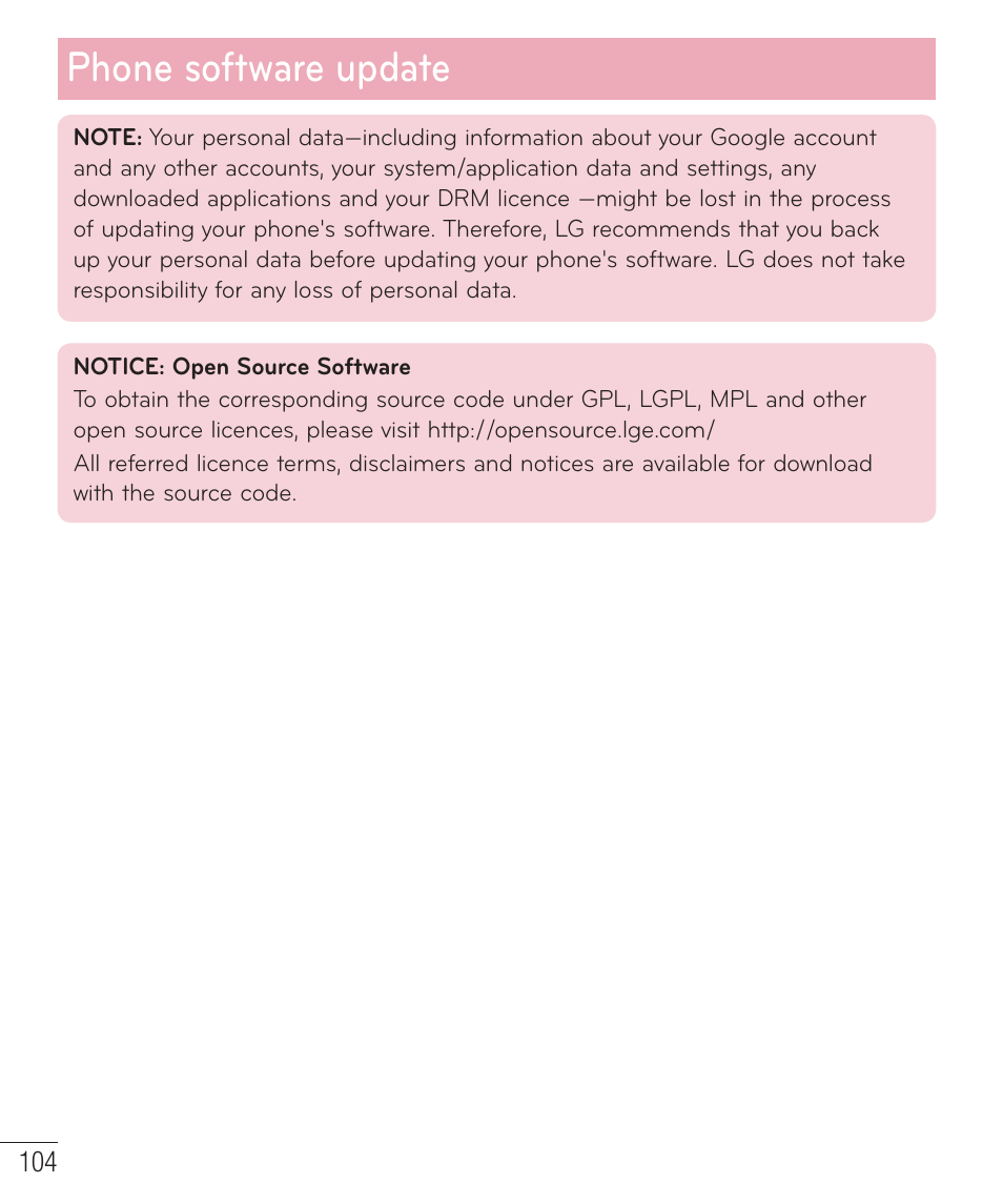 Phone software update | LG D520 User Manual | Page 106 / 139