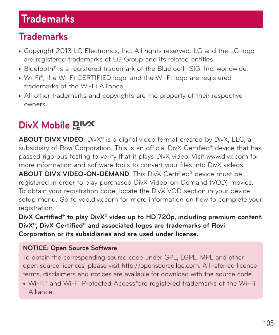 Trademarks, Divx mobile | LG D520 User Manual | Page 107 / 139