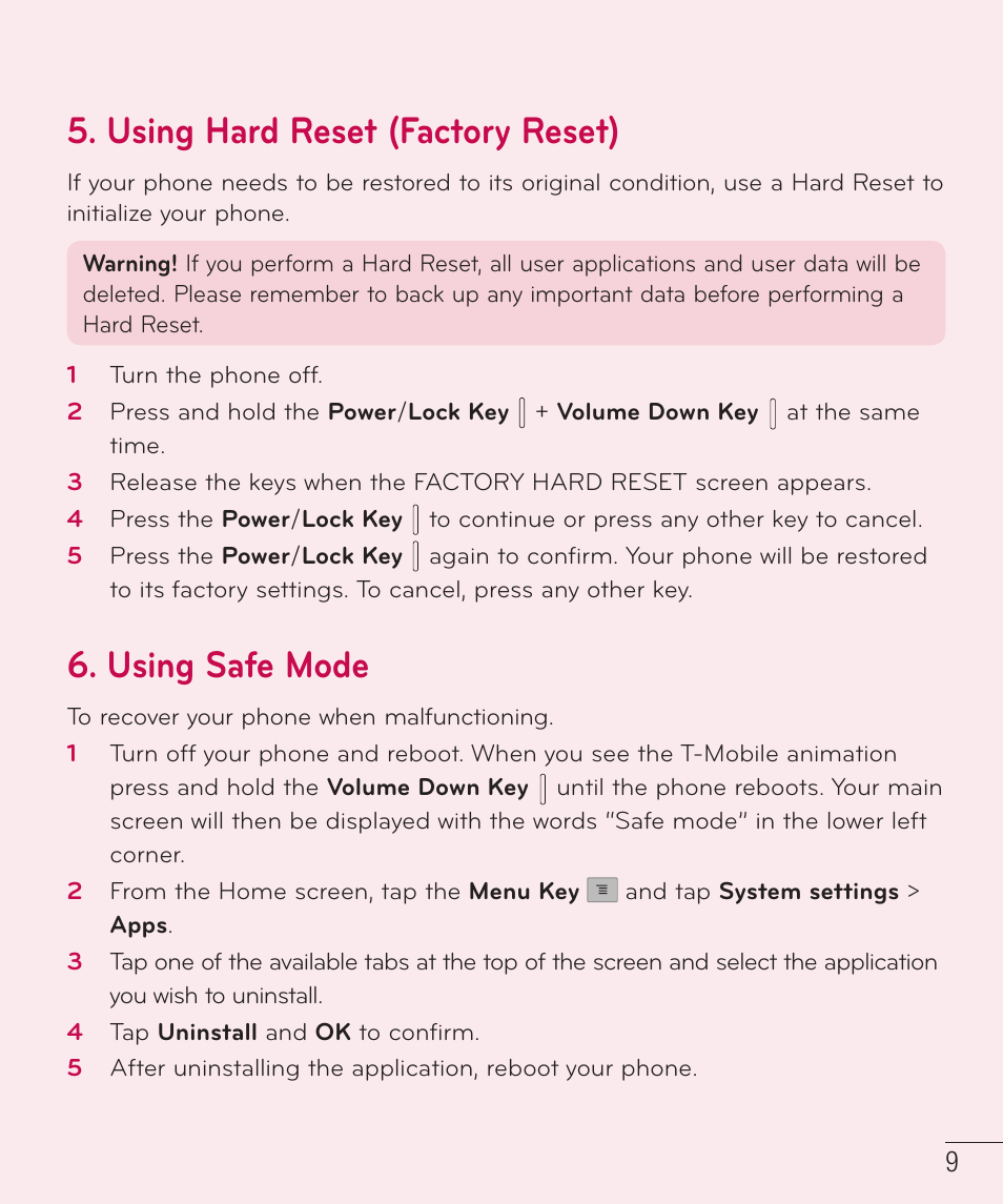 Using hard reset (factory reset), Using safe mode | LG D520 User Manual | Page 11 / 139