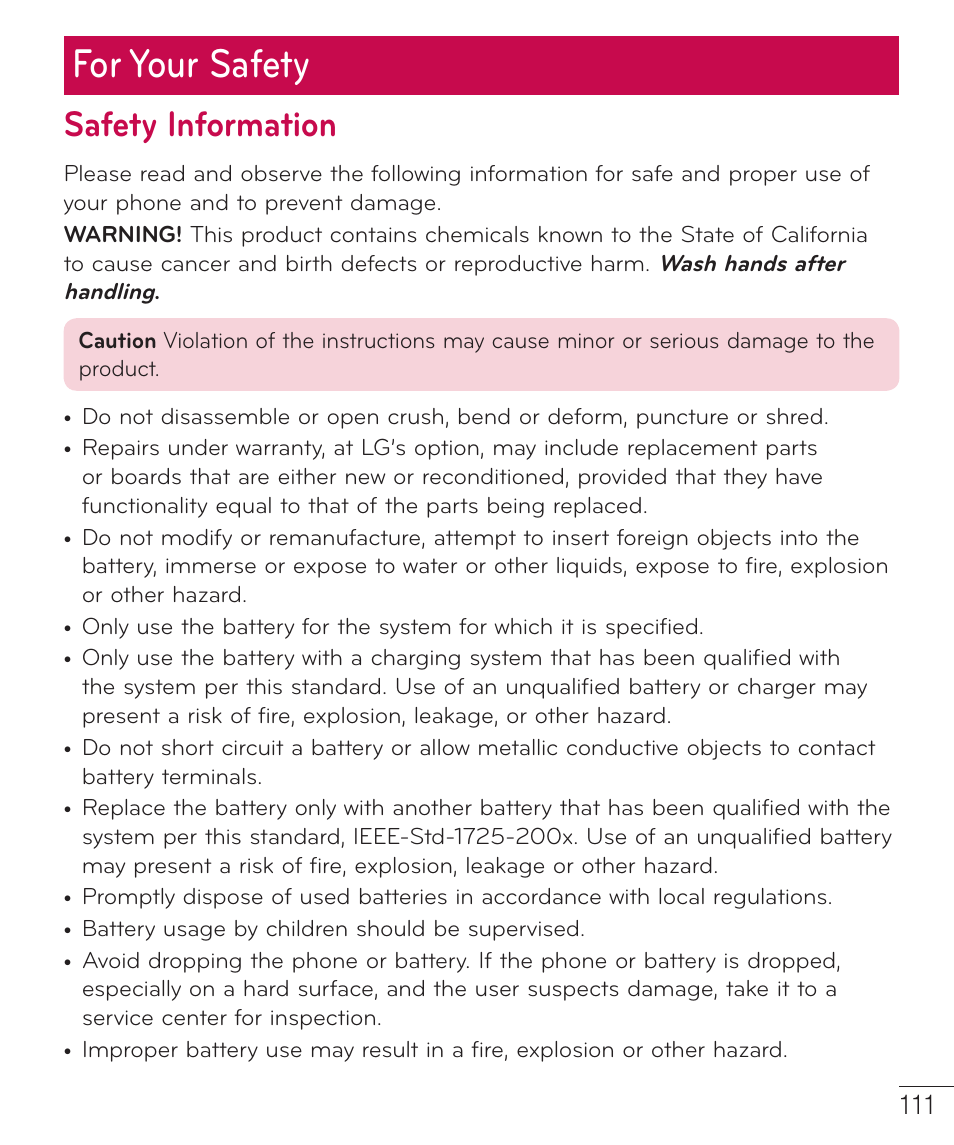 For your safety, Safety information | LG D520 User Manual | Page 113 / 139