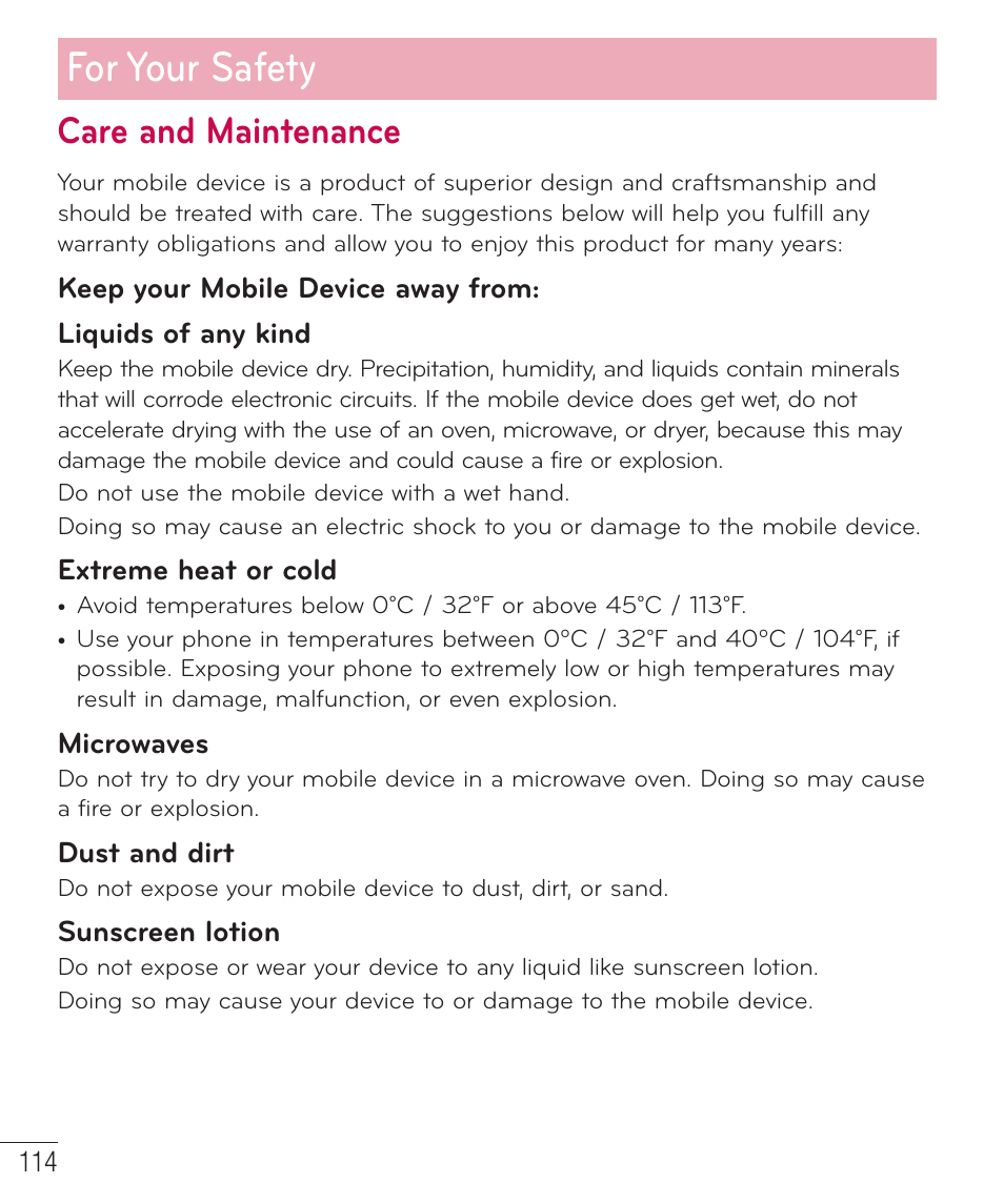 For your safety, Care and maintenance | LG D520 User Manual | Page 116 / 139