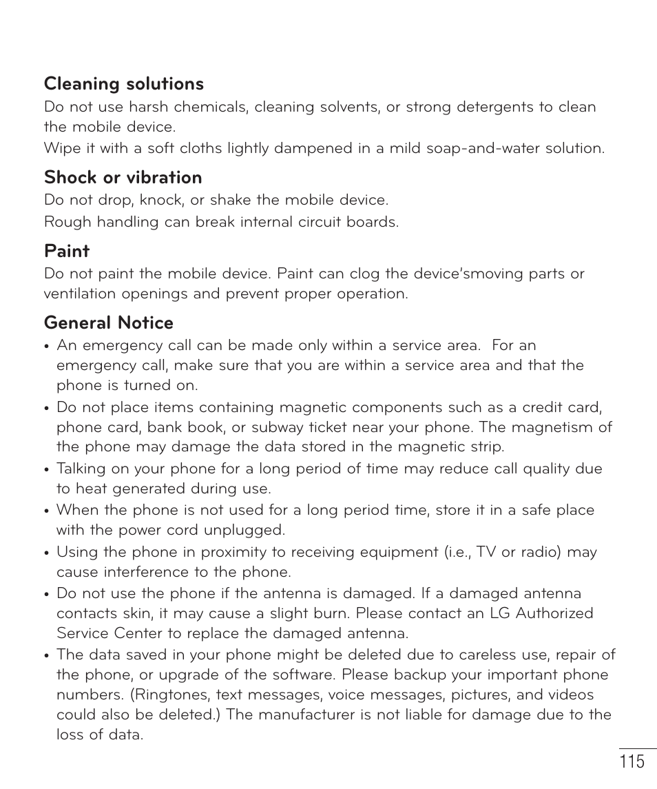 Cleaning solutions, Shock or vibration, Paint | General notice | LG D520 User Manual | Page 117 / 139