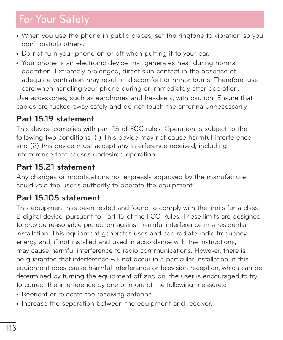 For your safety, Part 15.19 statement, Part 15.21 statement | LG D520 User Manual | Page 118 / 139