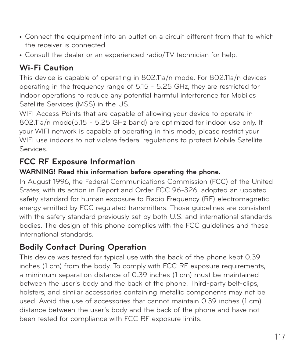 Wi-fi caution, Fcc rf exposure information, Bodily contact during operation | LG D520 User Manual | Page 119 / 139