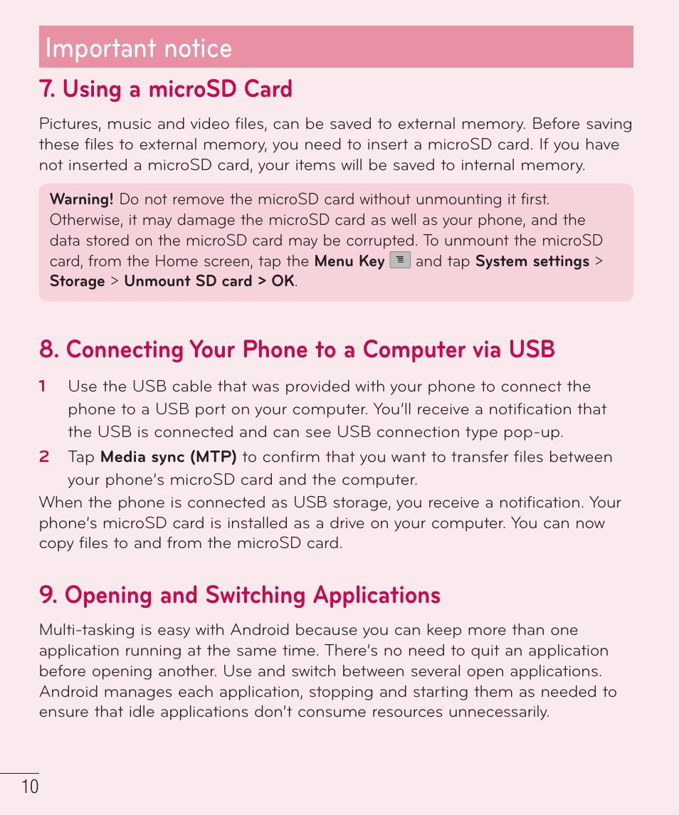 Important notice, Using a microsd card, Connecting your phone to a computer via usb | Opening and switching applications | LG D520 User Manual | Page 12 / 139