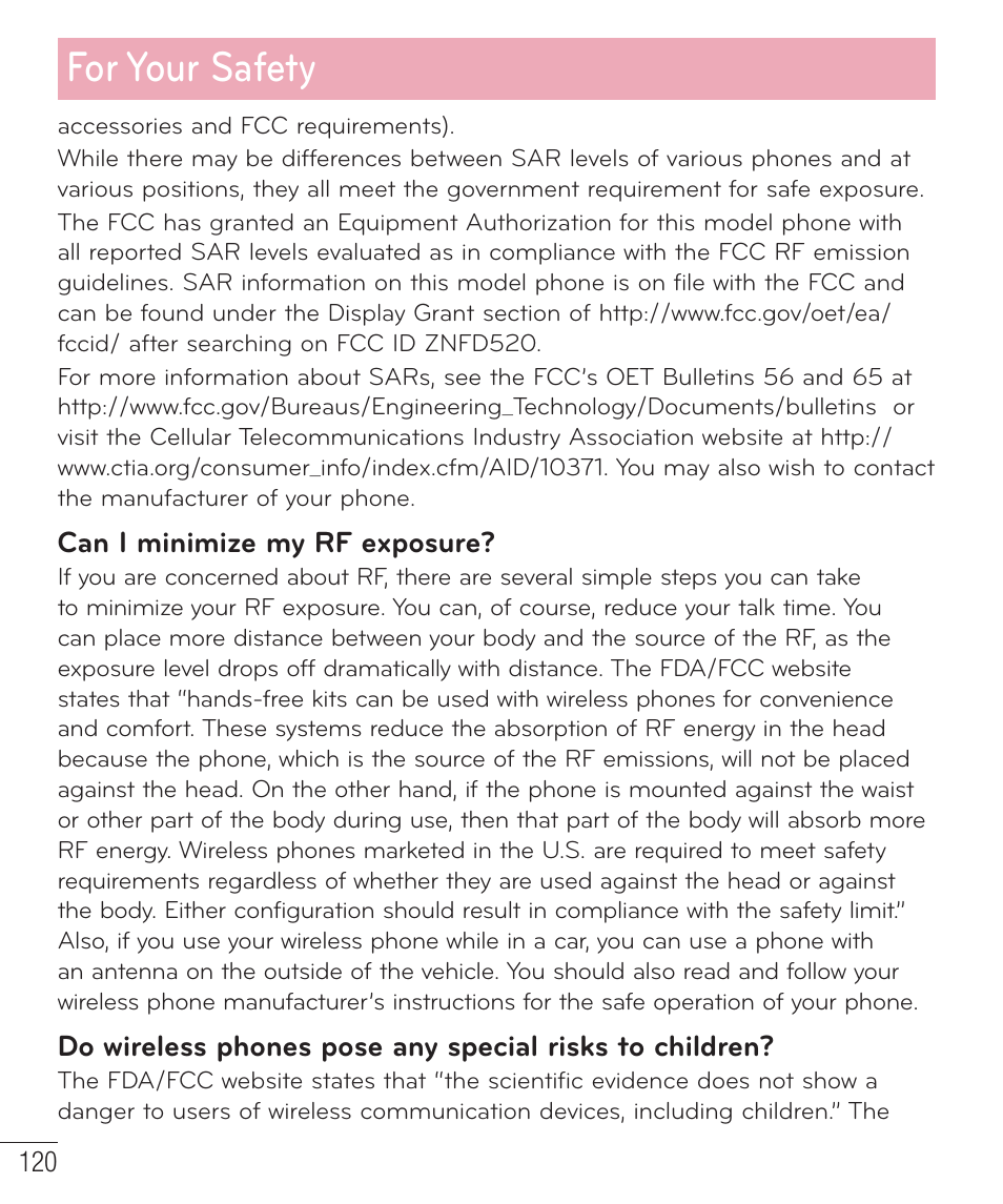 For your safety | LG D520 User Manual | Page 122 / 139