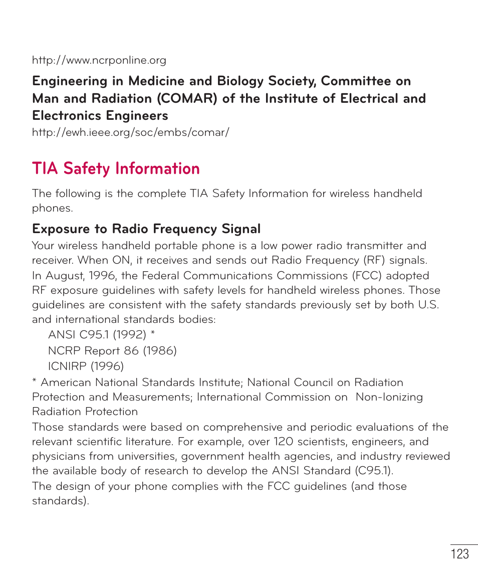 Tia safety information | LG D520 User Manual | Page 125 / 139