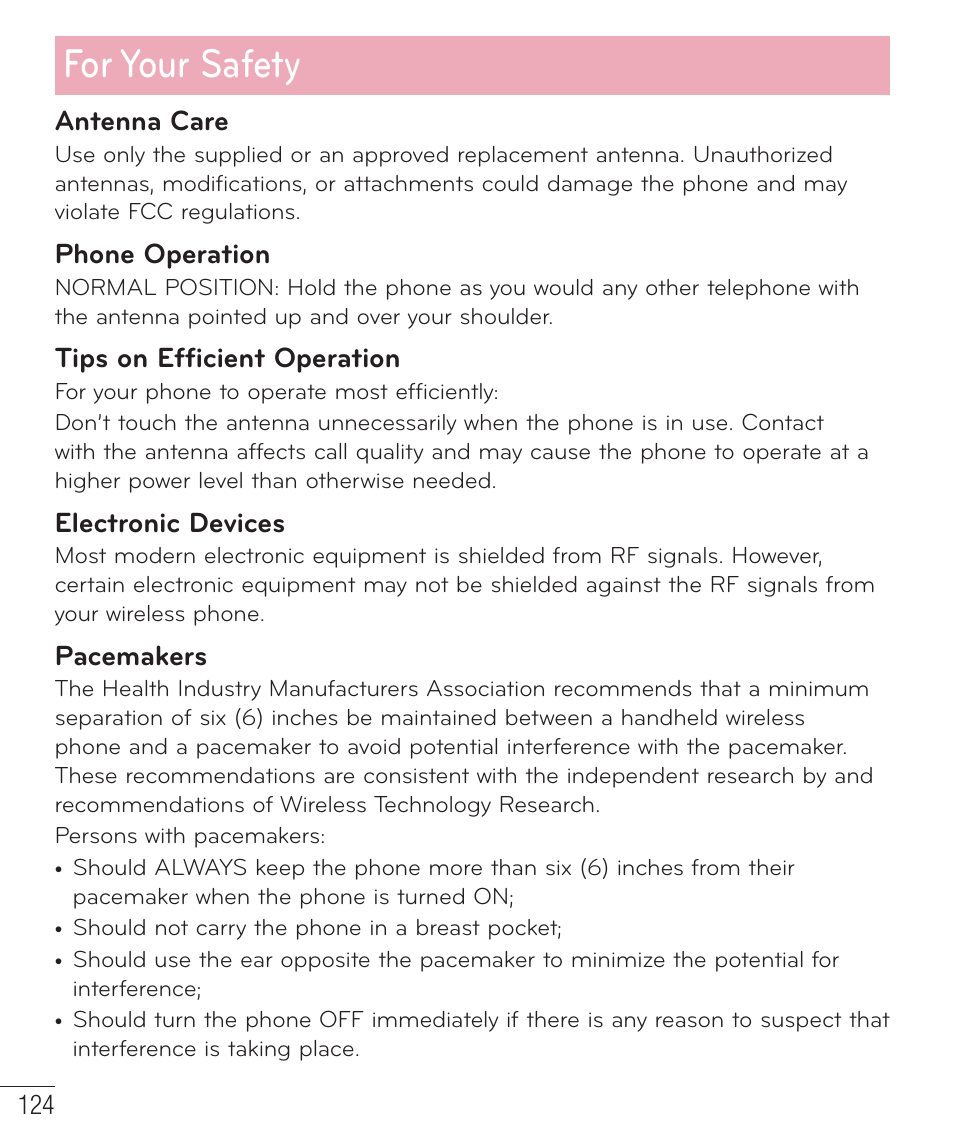 For your safety, Antenna care, Phone operation | Tips on efficient operation, Electronic devices, Pacemakers | LG D520 User Manual | Page 126 / 139