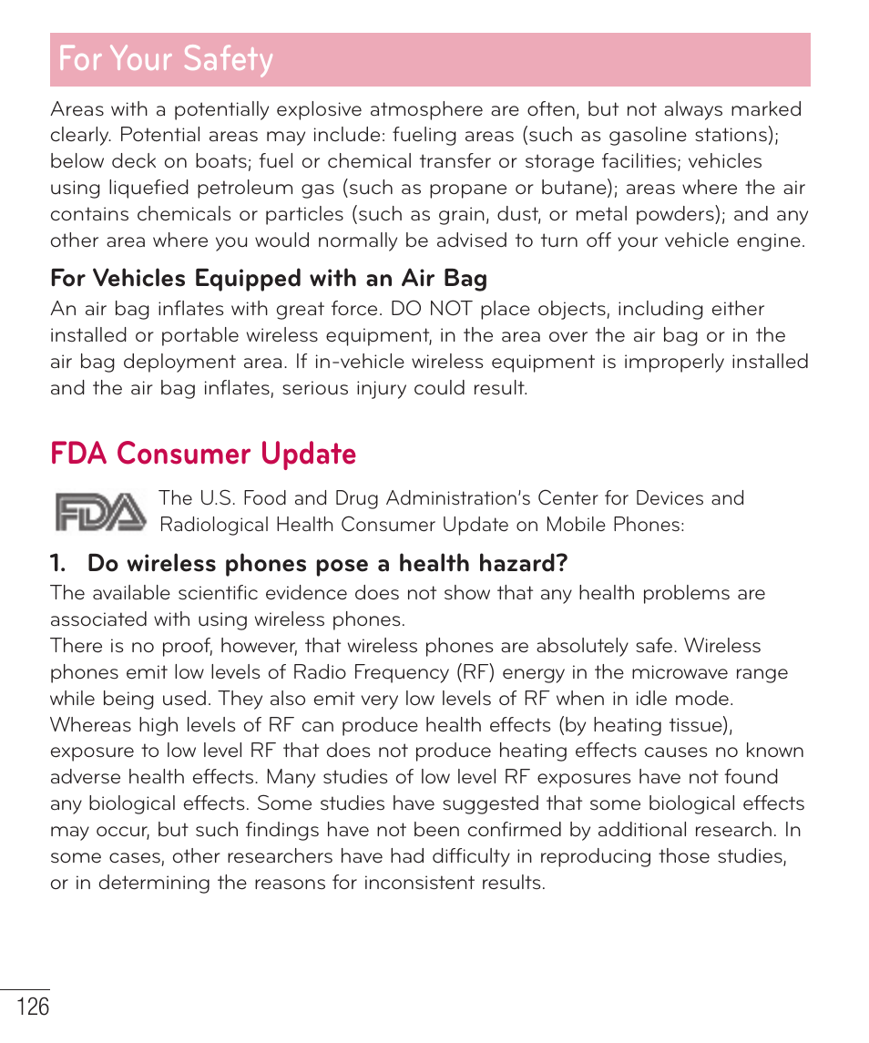 For your safety, Fda consumer update | LG D520 User Manual | Page 128 / 139