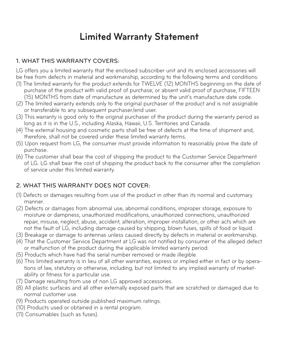 Limited warranty statement | LG D520 User Manual | Page 138 / 139