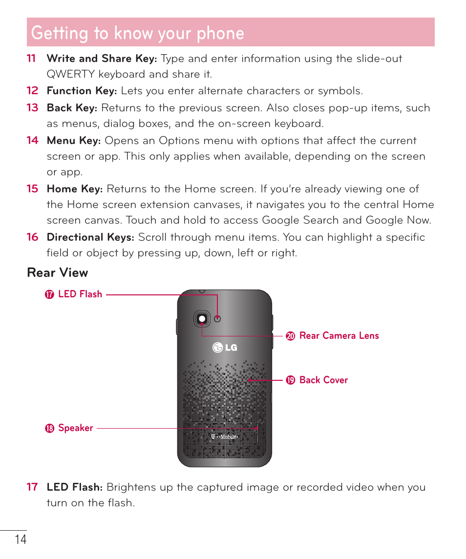 Getting to know your phone, Rear view | LG D520 User Manual | Page 16 / 139