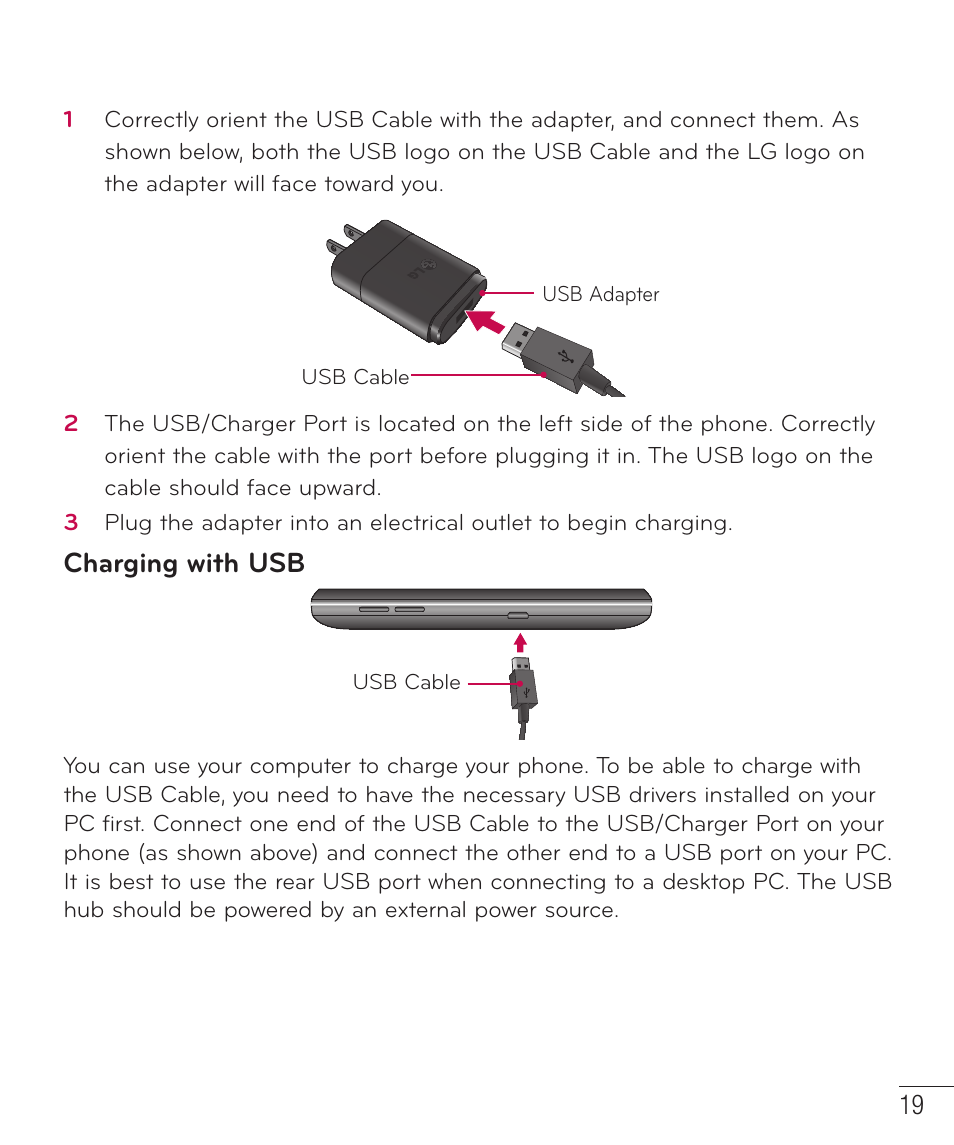 Charging with usb | LG D520 User Manual | Page 21 / 139