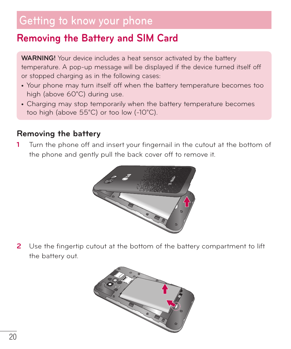 Removing the battery and sim card, Getting to know your phone | LG D520 User Manual | Page 22 / 139