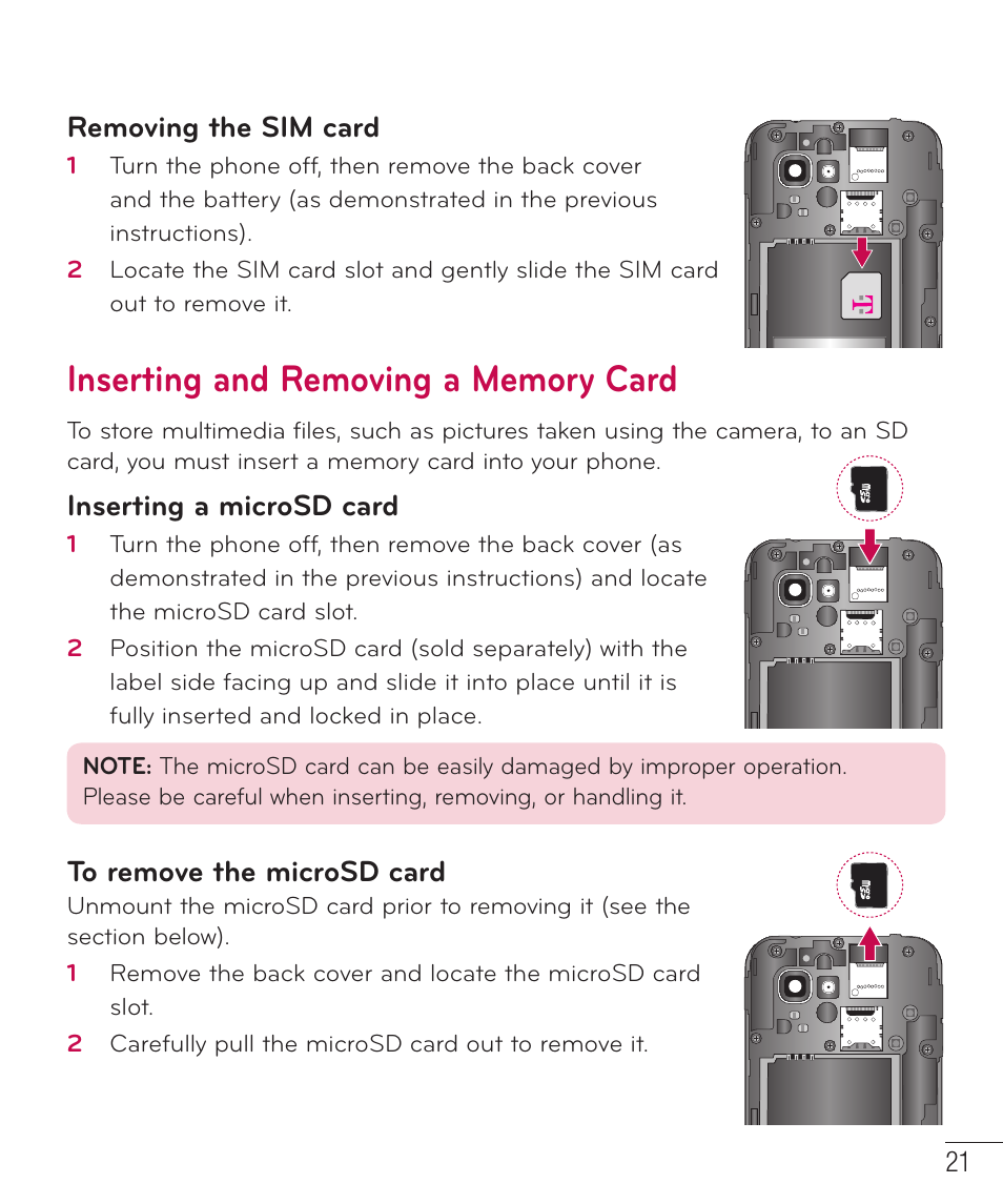 Inserting and removing a memory card, Removing the sim card, Inserting a microsd card | LG D520 User Manual | Page 23 / 139