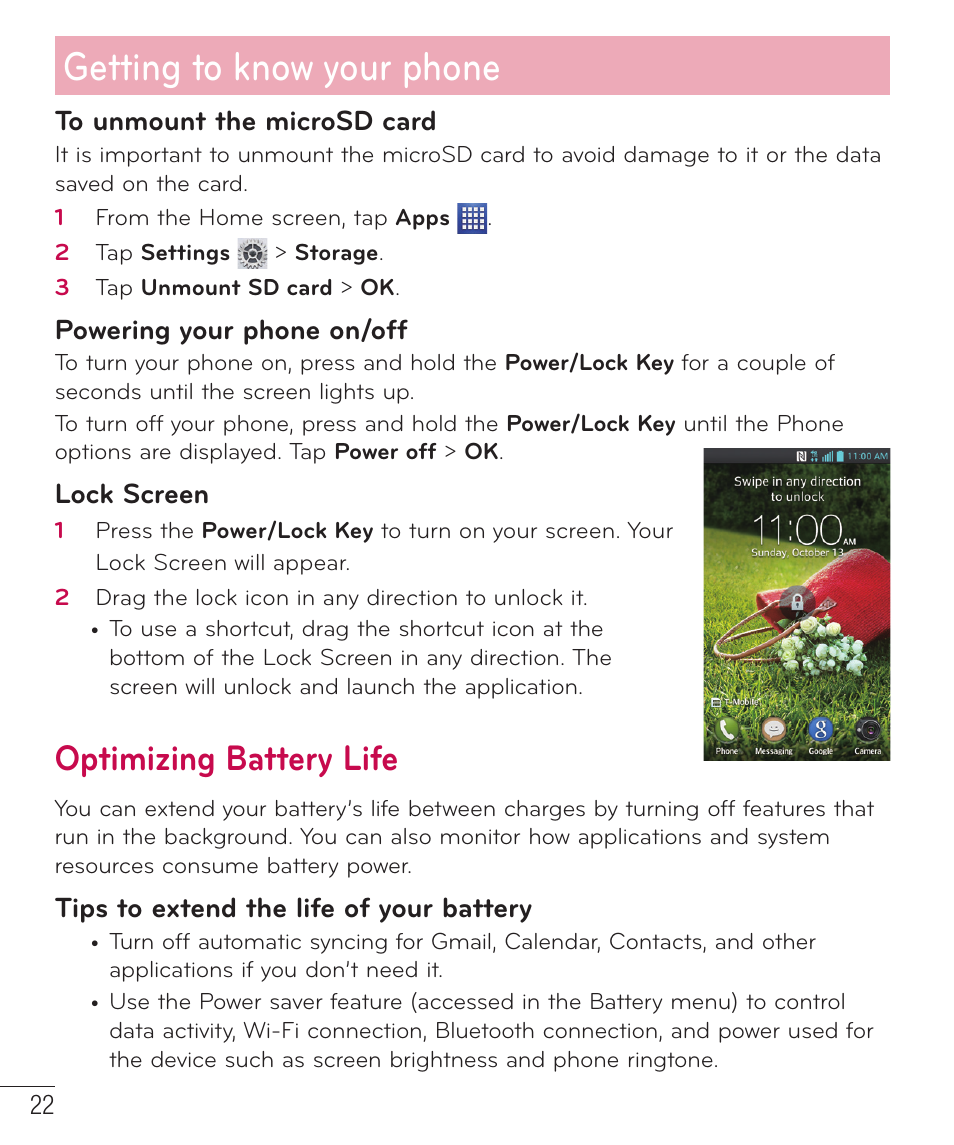 Optimizing battery life, Getting to know your phone, Powering your phone on/off | Lock screen, Tips to extend the life of your battery | LG D520 User Manual | Page 24 / 139