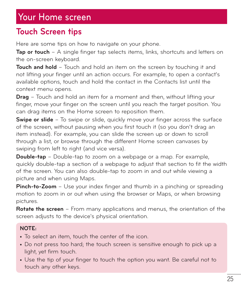 Your home screen, Touch screen tips | LG D520 User Manual | Page 27 / 139