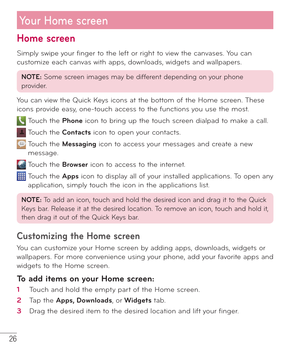 Home screen, Your home screen, Customizing the home screen | LG D520 User Manual | Page 28 / 139