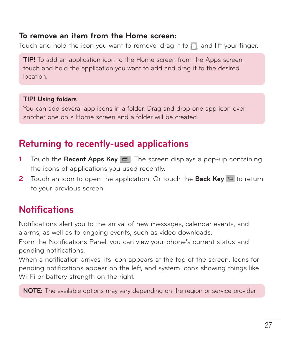 Returning to recently-used applications, Notifications | LG D520 User Manual | Page 29 / 139