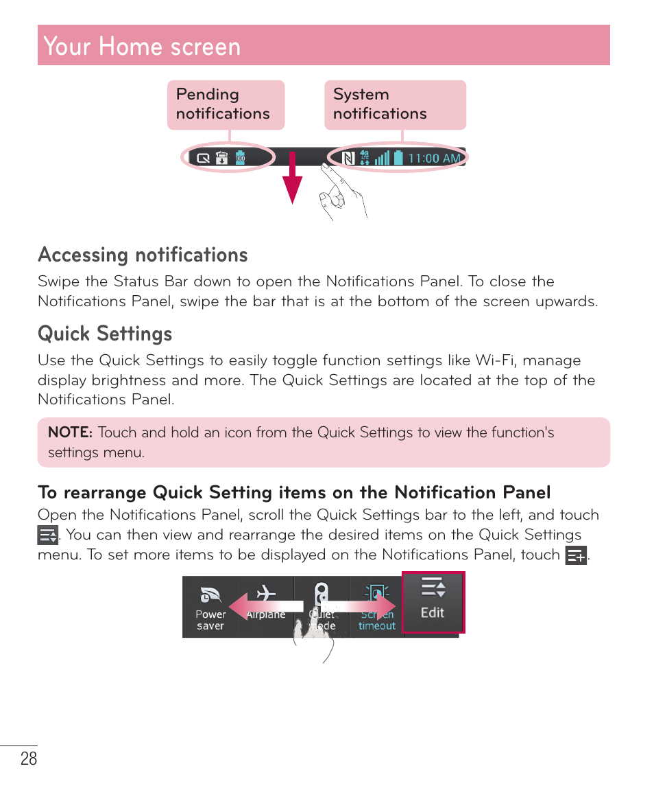 Your home screen, Accessing notifications, Quick settings | LG D520 User Manual | Page 30 / 139