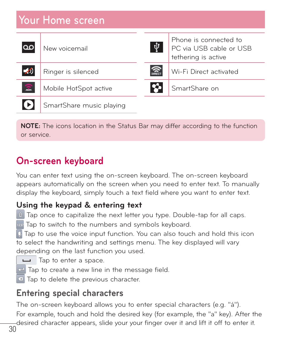 On-screen keyboard, Your home screen, Entering special characters | LG D520 User Manual | Page 32 / 139