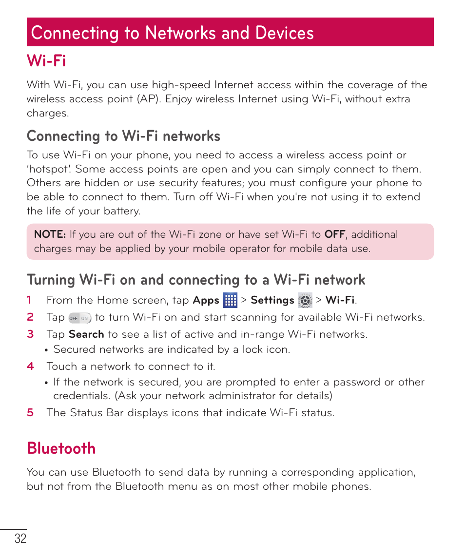 Connecting to networks and devices, Wi-fi, Bluetooth | Connecting to wi-fi networks, Turning wi-fi on and connecting to a wi-fi network | LG D520 User Manual | Page 34 / 139