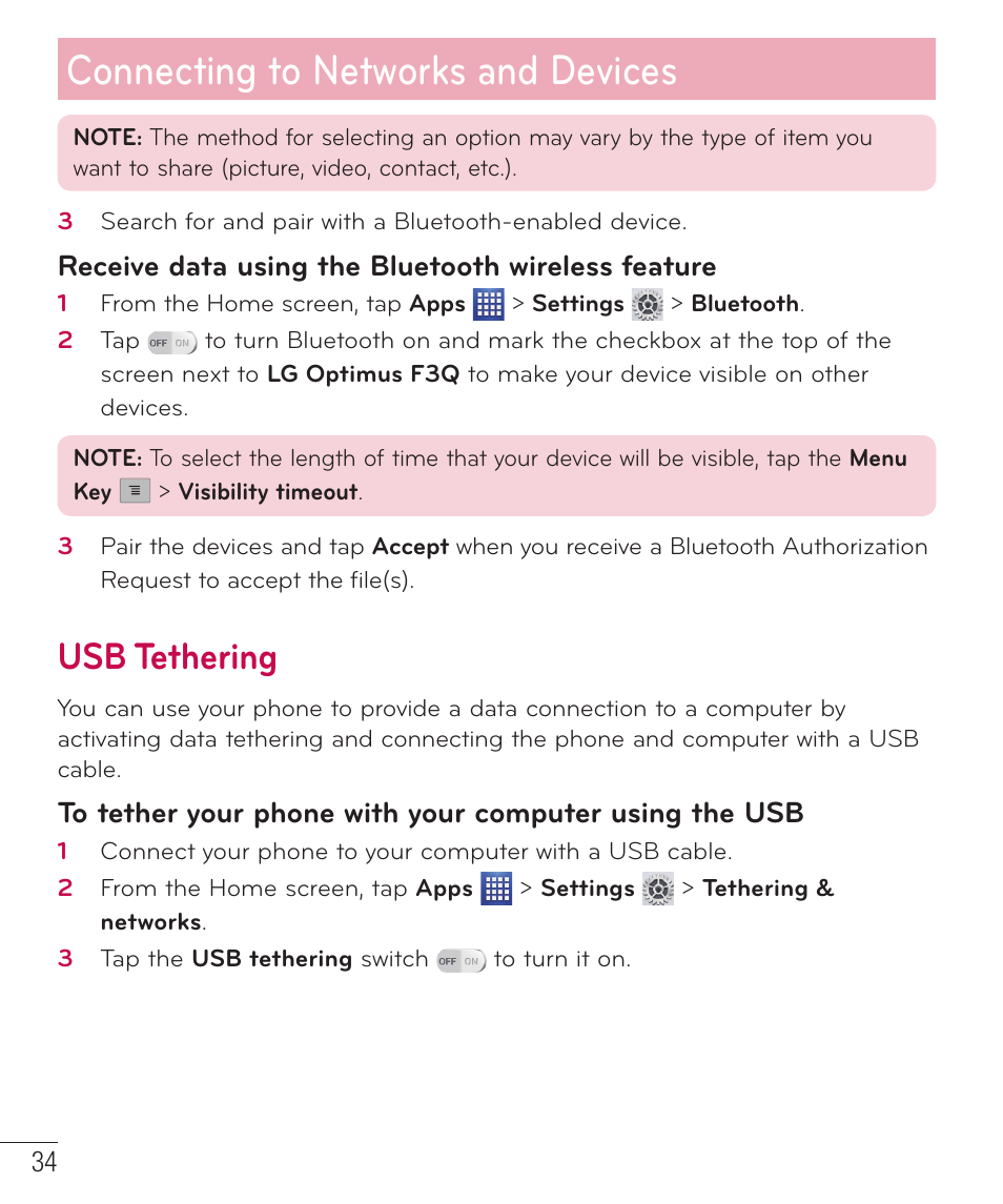 Usb tethering, Connecting to networks and devices, Receive data using the bluetooth wireless feature | LG D520 User Manual | Page 36 / 139