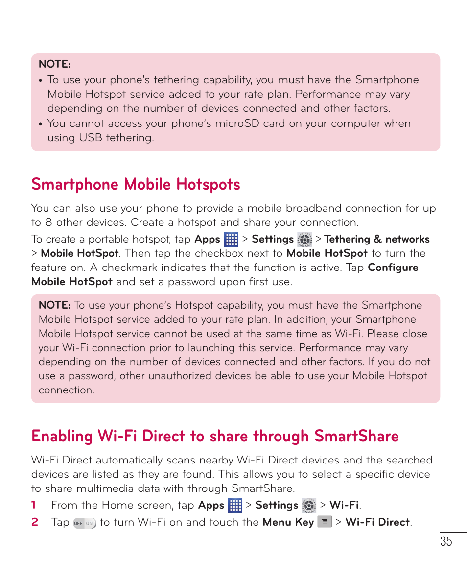 Smartphone mobile hotspots, Enabling wi-fi direct to share through smartshare | LG D520 User Manual | Page 37 / 139