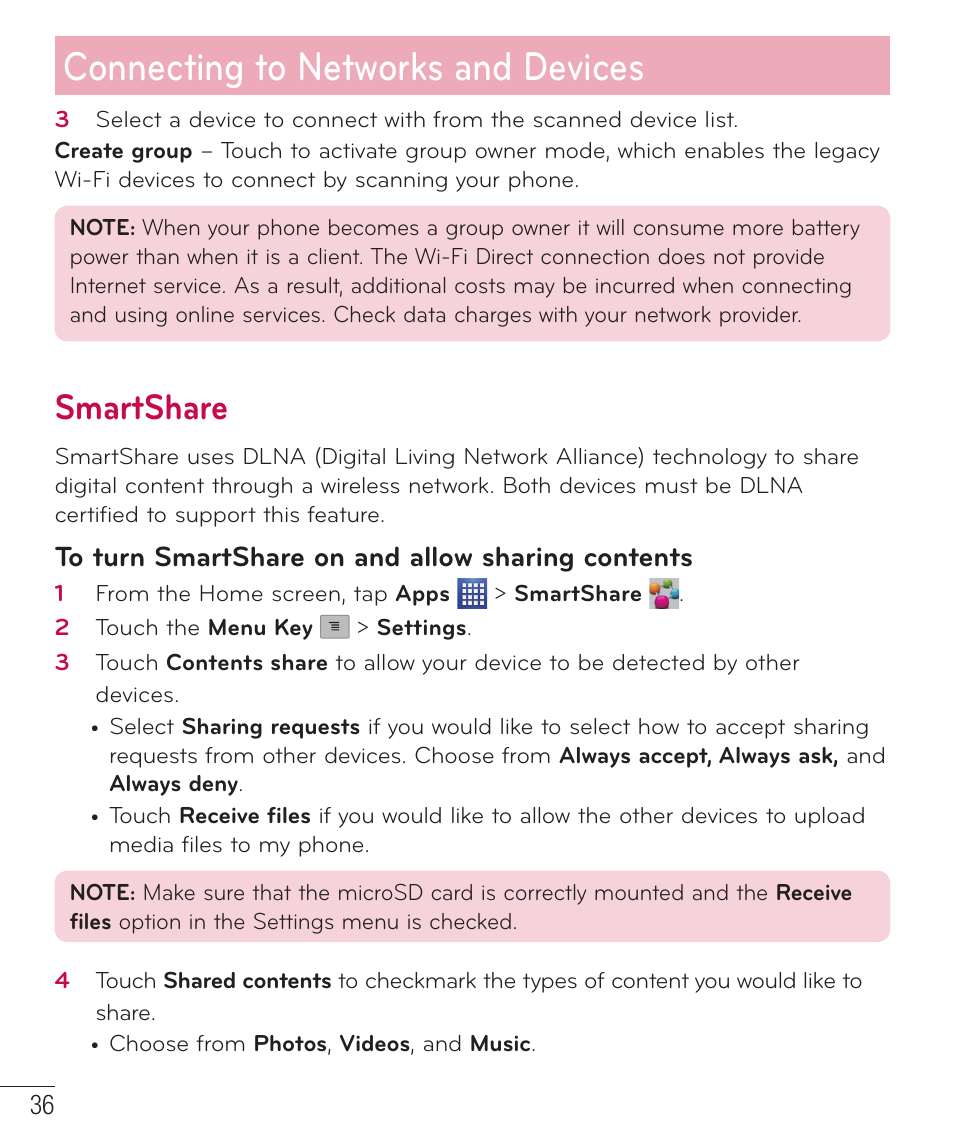 Smartshare, Connecting to networks and devices | LG D520 User Manual | Page 38 / 139