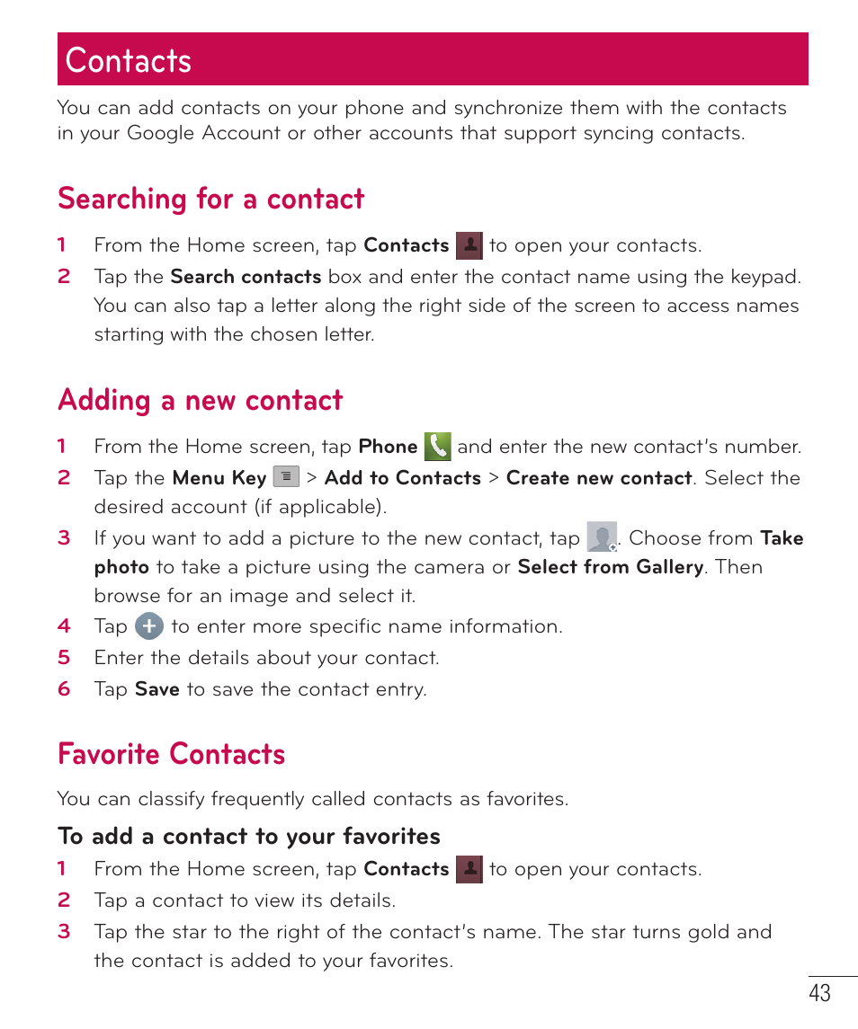 Contacts, Searching for a contact, Adding a new contact | Favorite contacts | LG D520 User Manual | Page 45 / 139