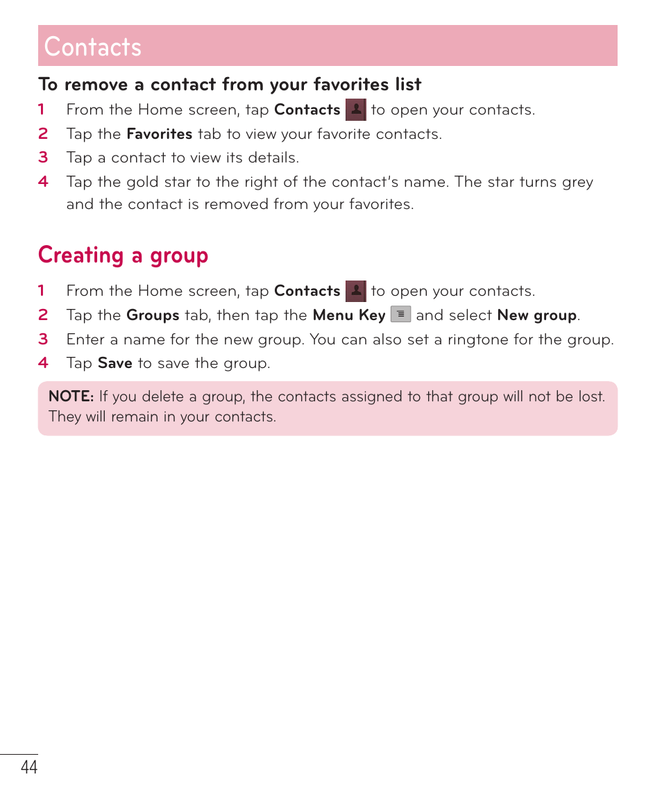 Creating a group, Contacts | LG D520 User Manual | Page 46 / 139