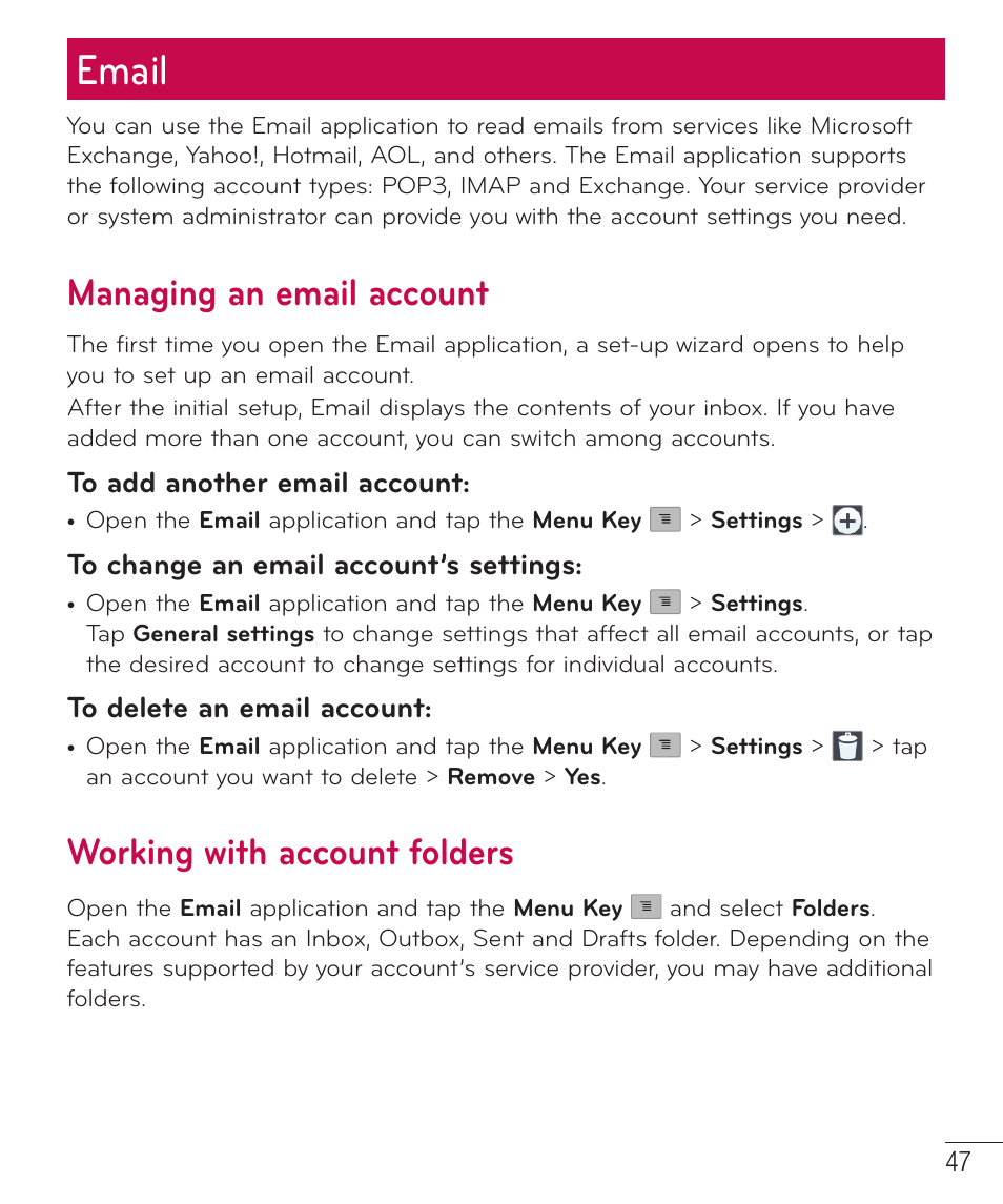 Email, Managing an email account, Working with account folders | LG D520 User Manual | Page 49 / 139
